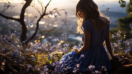 Blonde woman amidst vibrant flowers under a blue sky, capturing nature's beauty and ethereal elegance.の素材