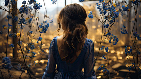 Blonde woman amidst vibrant flowers under a blue sky, capturing nature's beauty and ethereal elegance.の素材