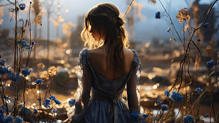 Blonde woman amidst vibrant flowers under a blue sky, capturing nature's beauty and ethereal elegance.の素材