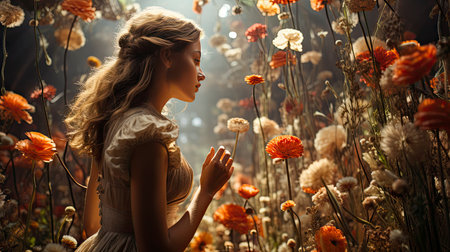 Blonde woman amidst vibrant flowers under a blue sky, capturing nature's beauty and ethereal elegance.の素材