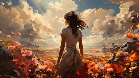 Blonde woman amidst vibrant flowers under a blue sky, capturing nature's beauty and ethereal elegance.の素材