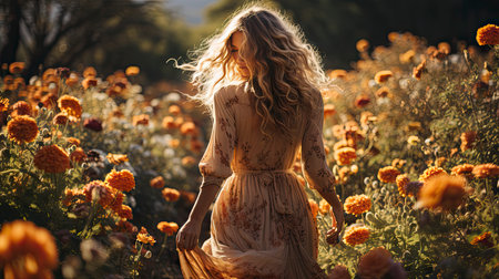 Blonde woman amidst vibrant flowers under a blue sky, capturing nature's beauty and ethereal elegance.の素材