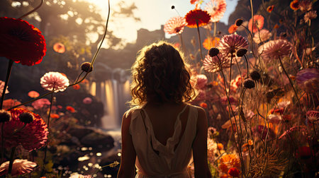 Blonde woman amidst vibrant flowers under a blue sky, capturing nature's beauty and ethereal elegance.の素材