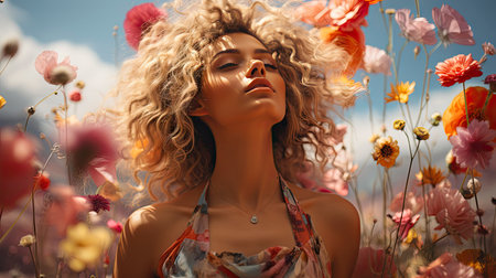 Blonde woman amidst vibrant flowers under a blue sky, capturing nature's beauty and ethereal elegance.の素材