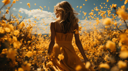 Blonde woman amidst vibrant flowers under a blue sky, capturing nature's beauty and ethereal elegance.の素材