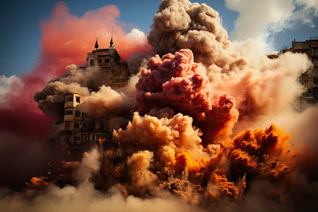Dense smoke column rises over cityscape, suggesting fire or explosion. Dark, gray, orange hues; dramatic sky contrastの素材