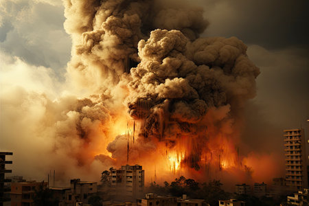 Dense smoke column rises over cityscape, suggesting fire or explosion. Dark, gray, orange hues; dramatic sky contrastの素材