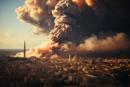 Dense smoke column rises over cityscape, suggesting fire or explosion. Dark, gray, orange hues; dramatic sky contrastの素材