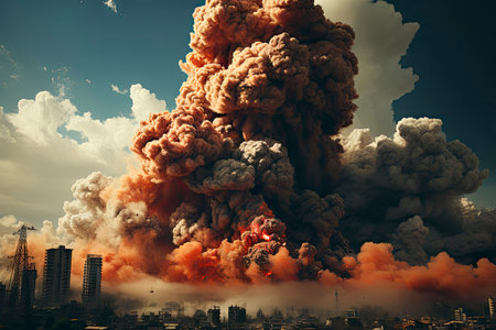 Dense smoke column rises over cityscape, suggesting fire or explosion. Dark, gray, orange hues; dramatic sky contrastの素材