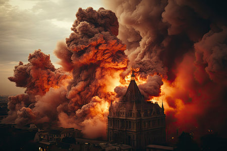 Dense smoke column rises over cityscape, suggesting fire or explosion. Dark, gray, orange hues; dramatic sky contrastの素材