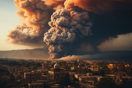 Dense smoke column rises over cityscape, suggesting fire or explosion. Dark, gray, orange hues; dramatic sky contrastの素材