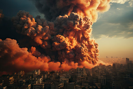 Dense smoke column rises over cityscape, suggesting fire or explosion. Dark, gray, orange hues; dramatic sky contrastの素材