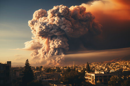 Dense smoke column rises over cityscape, suggesting fire or explosion. Dark, gray, orange hues; dramatic sky contrastの素材