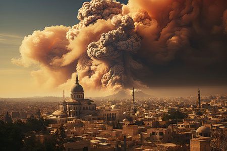 Dense smoke column rises over cityscape, suggesting fire or explosion. Dark, gray, orange hues; dramatic sky contrastの素材