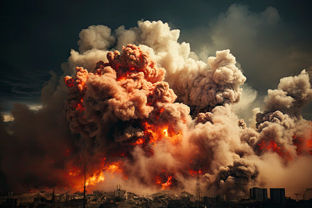 Dense smoke column rises over cityscape, suggesting fire or explosion. Dark, gray, orange hues; dramatic sky contrastの素材
