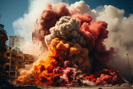Dense smoke column rises over cityscape, suggesting fire or explosion. Dark, gray, orange hues; dramatic sky contrastの素材