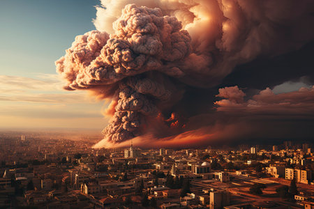 Dense smoke column rises over cityscape, suggesting fire or explosion. Dark, gray, orange hues; dramatic sky contrastの素材