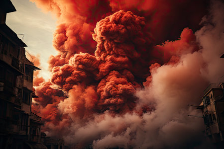 Dense smoke column rises over cityscape, suggesting fire or explosion. Dark, gray, orange hues; dramatic sky contrastの素材