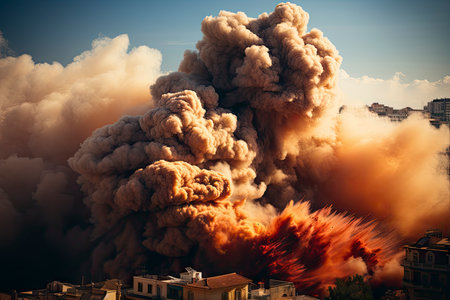 Dense smoke column rises over cityscape, suggesting fire or explosion. Dark, gray, orange hues; dramatic sky contrastの素材