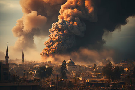 Dense smoke column rises over cityscape, suggesting fire or explosion. Dark, gray, orange hues; dramatic sky contrastの素材