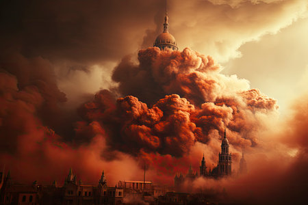 Dense smoke column rises over cityscape, suggesting fire or explosion. Dark, gray, orange hues; dramatic sky contrastの素材