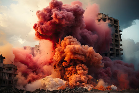Dense smoke column rises over cityscape, suggesting fire or explosion. Dark, gray, orange hues; dramatic sky contrastの素材