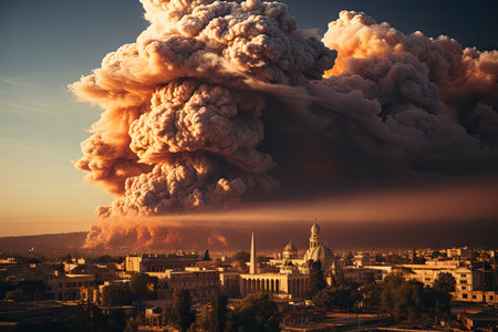 Dense smoke column rises over cityscape, suggesting fire or explosion. Dark, gray, orange hues; dramatic sky contrastの素材