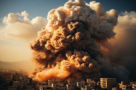 Dense smoke column rises over cityscape, suggesting fire or explosion. Dark, gray, orange hues; dramatic sky contrastの素材