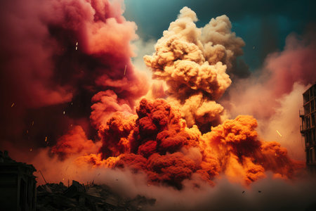 Dense smoke column rises over cityscape, suggesting fire or explosion. Dark, gray, orange hues; dramatic sky contrastの素材