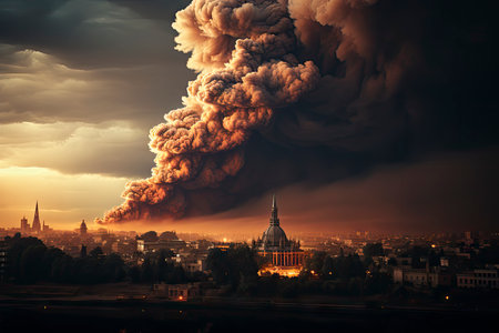 Dense smoke column rises over cityscape, suggesting fire or explosion. Dark, gray, orange hues; dramatic sky contrastの素材