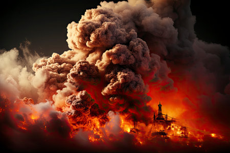 Dense smoke column rises over cityscape, suggesting fire or explosion. Dark, gray, orange hues; dramatic sky contrastの素材