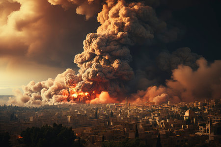 Dense smoke column rises over cityscape, suggesting fire or explosion. Dark, gray, orange hues; dramatic sky contrastの素材
