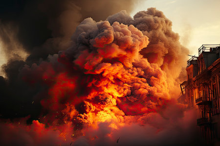 Dense smoke column rises over cityscape, suggesting fire or explosion. Dark, gray, orange hues; dramatic sky contrastの素材