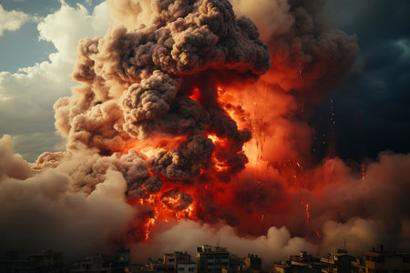 Dense smoke column rises over cityscape, suggesting fire or explosion. Dark, gray, orange hues; dramatic sky contrastの素材