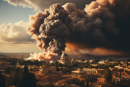 Dense smoke column rises over cityscape, suggesting fire or explosion. Dark, gray, orange hues; dramatic sky contrastの素材