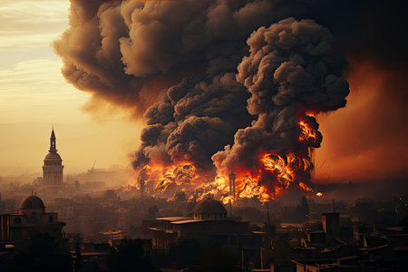 Dense smoke column rises over cityscape, suggesting fire or explosion. Dark, gray, orange hues; dramatic sky contrastの素材
