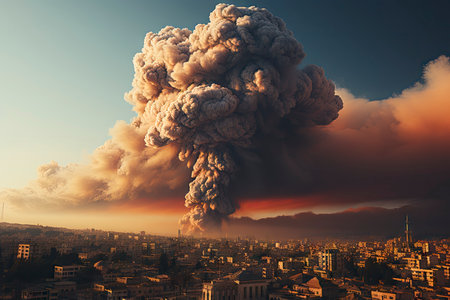 Dense smoke column rises over cityscape, suggesting fire or explosion. Dark, gray, orange hues; dramatic sky contrastの素材