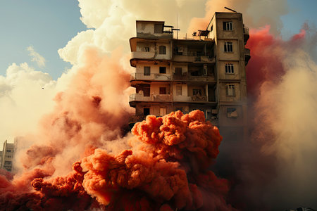 Dense smoke column rises over cityscape, suggesting fire or explosion. Dark, gray, orange hues; dramatic sky contrastの素材