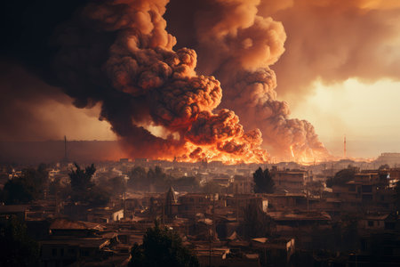 Dense smoke column rises over cityscape, suggesting fire or explosion. Dark, gray, orange hues; dramatic sky contrastの素材