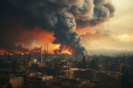 Dense smoke column rises over cityscape, suggesting fire or explosion. Dark, gray, orange hues; dramatic sky contrastの素材