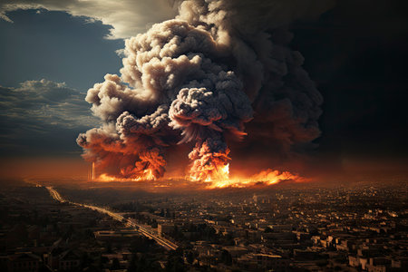 Dense smoke column rises over cityscape, suggesting fire or explosion. Dark, gray, orange hues; dramatic sky contrastの素材