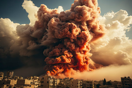 Dense smoke column rises over cityscape, suggesting fire or explosion. Dark, gray, orange hues; dramatic sky contrastの素材