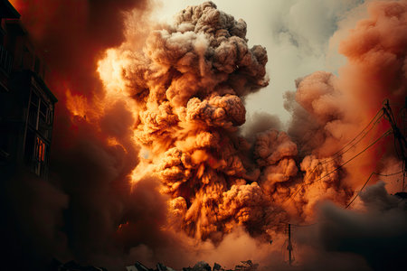 Dense smoke column rises over cityscape, suggesting fire or explosion. Dark, gray, orange hues; dramatic sky contrastの素材