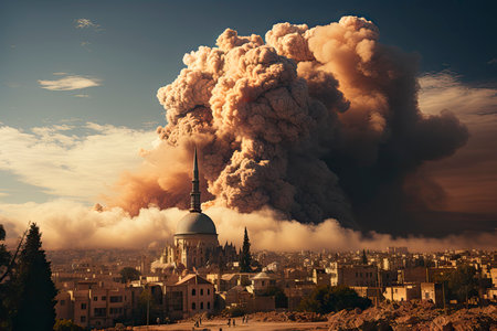 Dense smoke column rises over cityscape, suggesting fire or explosion. Dark, gray, orange hues; dramatic sky contrastの素材