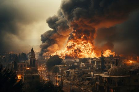 Dense smoke column rises over cityscape, suggesting fire or explosion. Dark, gray, orange hues; dramatic sky contrastの素材