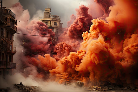 Dense smoke column rises over cityscape, suggesting fire or explosion. Dark, gray, orange hues; dramatic sky contrastの素材