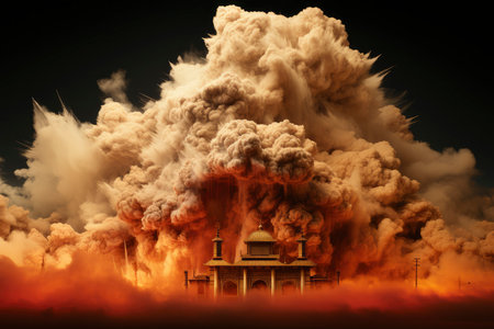 Dense smoke column rises over cityscape, suggesting fire or explosion. Dark, gray, orange hues; dramatic sky contrastの素材