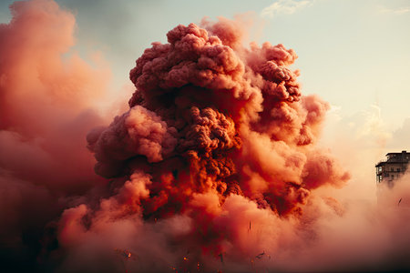 Dense smoke column rises over cityscape, suggesting fire or explosion. Dark, gray, orange hues; dramatic sky contrastの素材