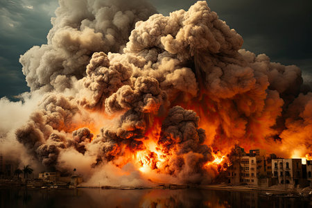 Dense smoke column rises over cityscape, suggesting fire or explosion. Dark, gray, orange hues; dramatic sky contrastの素材