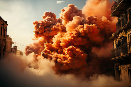 Dense smoke column rises over cityscape, suggesting fire or explosion. Dark, gray, orange hues; dramatic sky contrastの素材